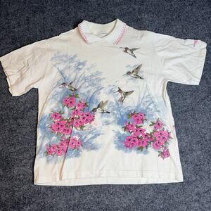 Vintage Art Unlimited Sportswear Hummingbird Floral White Tshirt Size L No Tags